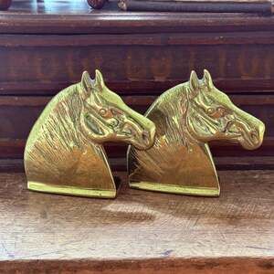 Vintage Mid Century Brass Percheron Horse Head Bookends Virginia Metalcrafters